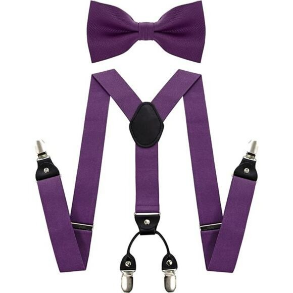 Mens Solid Color Suspenders Adjustable Y Back with Matching Silk Bow Tie Set - Picture 6 of 6